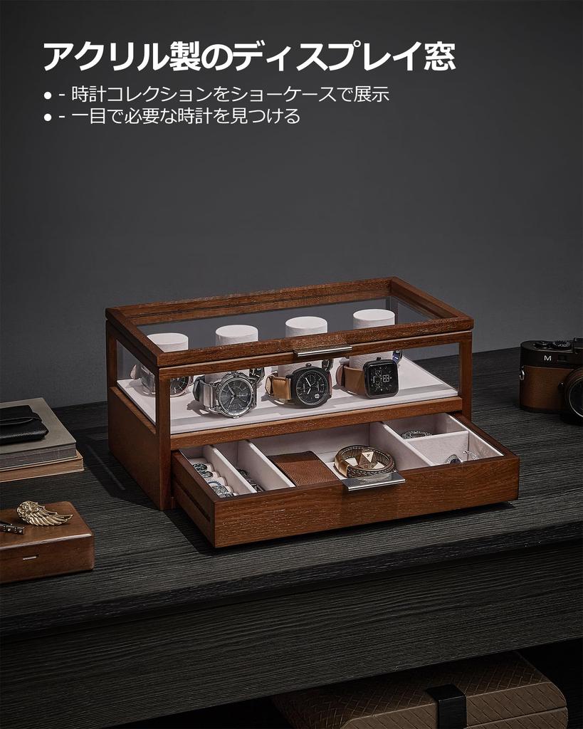 SONGMICS Watch Holds 7 Watch Storage Box with Clear Stylish Wooden Watch Day Gift for Men and Birthday JOW007K01 Case, Watches, 2-Tier Lid, Case,