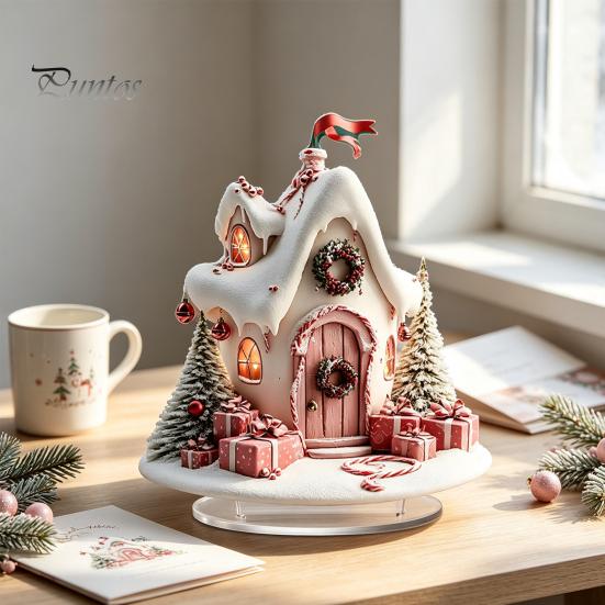 Sturdy Seasonal Shelf Decorations Winter Christmas Tree Cottage Table Decoration, Double Sided Acrylic Xmas Cabin Ornament Indoor Atmosphere