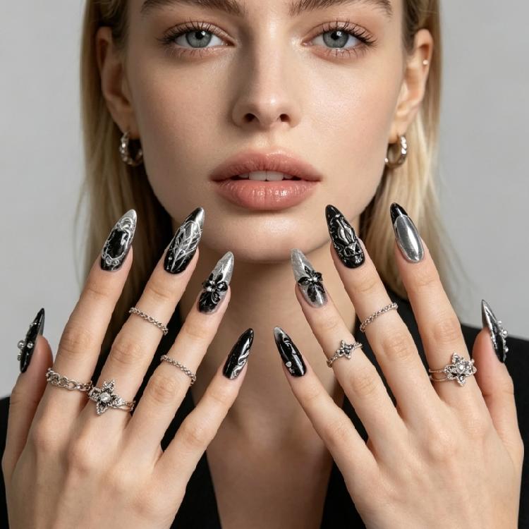 DIY Manicure Set Press On Manicure In Gothic Black Silver, Long Almond Shape, 12 Sizes, Adhesive Tabs and File for Dress-Up Looks At Home