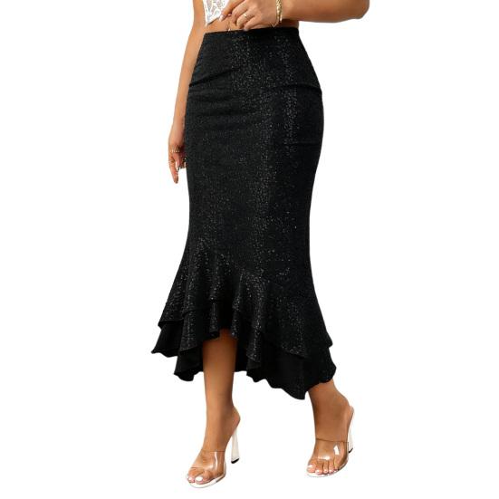 Damen Midi Rock Sexy Hüftbetontes Design Hüftbedeckend Einfarbiger Party Rock Glitzer Niedrige Taille Rüschensaum Fishtail Rock Tägliche Kleidung