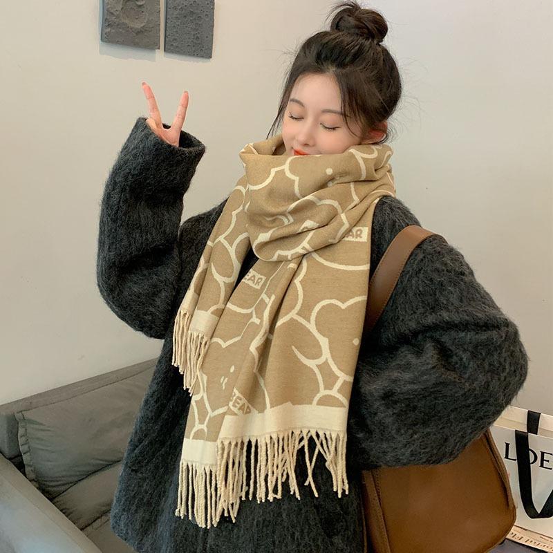 Cute Bear Cashmere Scarf Feel Fringed Shawl Soft Girl Winter Student Scarf Warm Thickened Scarf