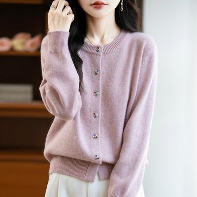 Νέα Φθινοπωρινή και Χειμερινή Πλεκτή Ζακέτα με Χοντρή Πλέξη και Στρογγυλή Λαιμόκοψη, Μακρυμάνικη, Γυναικεία, Μονόχρωμη, Ζεστή Μπλούζα με Χρωματιστά Διαμαντένια Κουμπιά