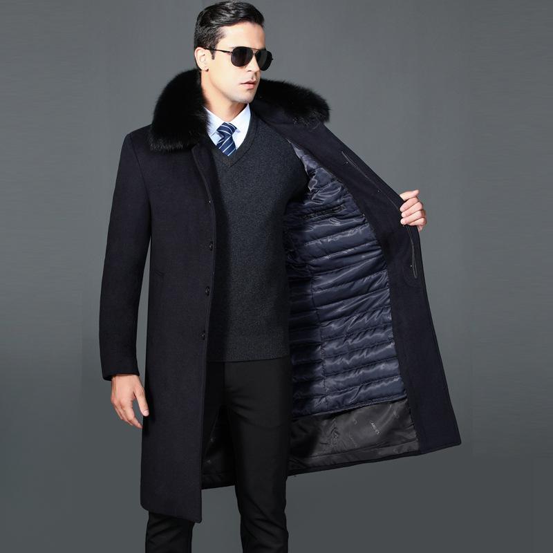 

Зимнее кашемировое пальто с воротником из натурального меха кролика для мужчин среднего и пожилого возраста, мужская шерстяная куртка выше колена со съемной подкладкой 195