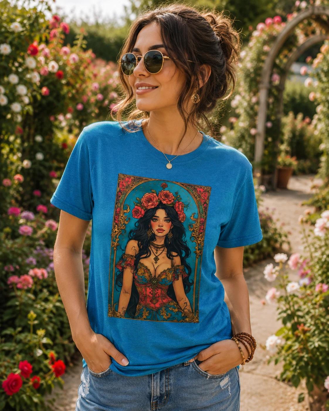 Floral Gypsy Woman T-Shirt Boho Art Nouveau Portrait Graphic Tee Unisex 2XL