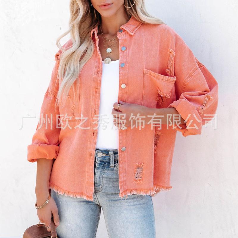 Zerrissene Retro-Street-Denim-Hemdjacke für Damen mit Reverskragen und langen Ärmeln
