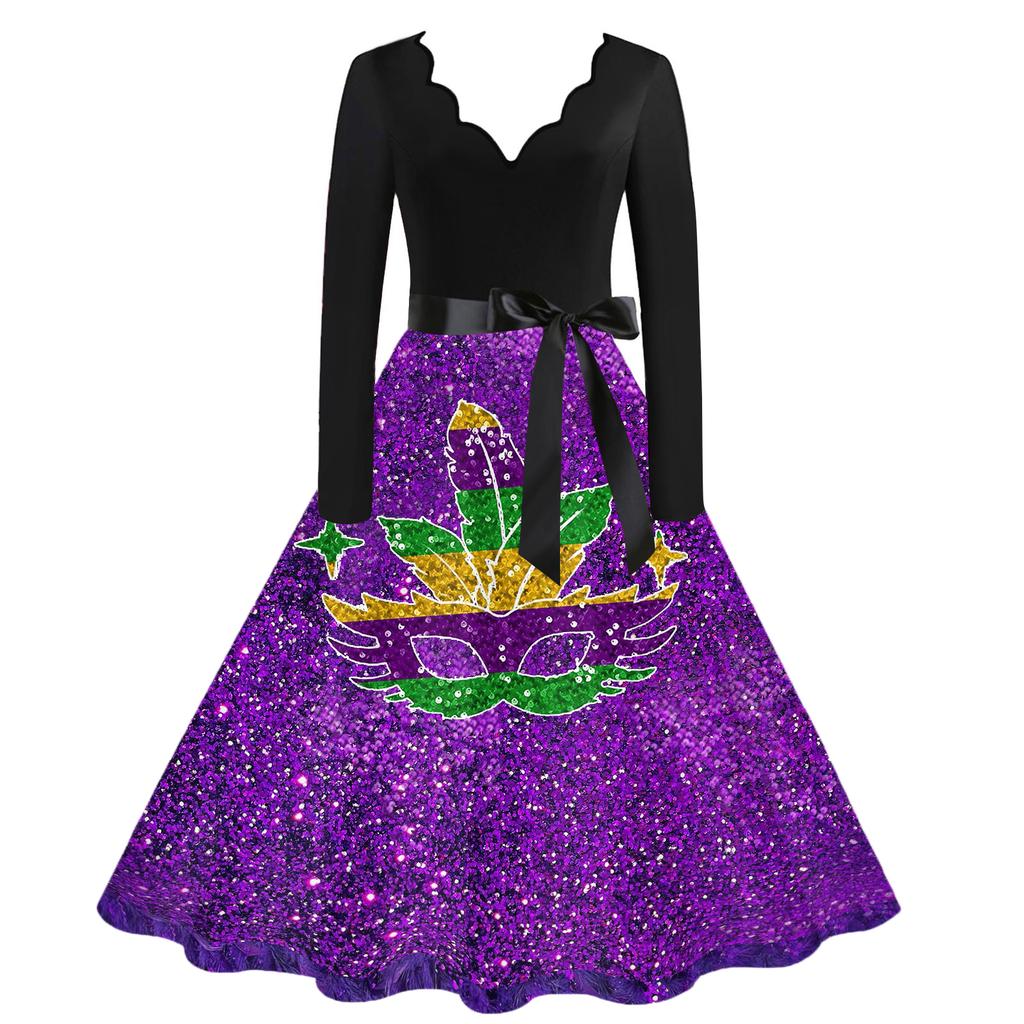 Dámské ležérní módní šaty s výstřihem do V a vintage potiskem karnevalu