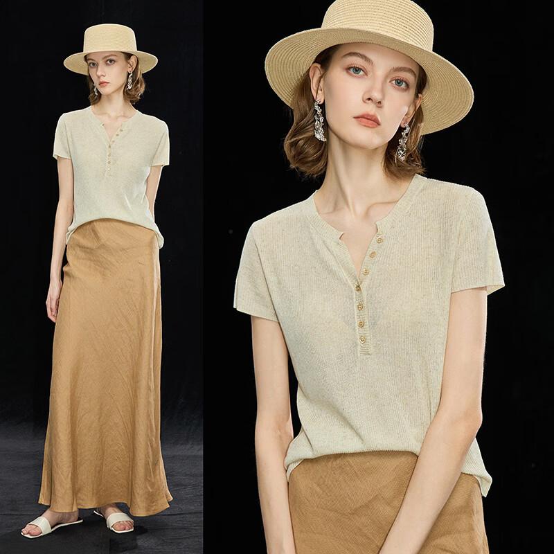 Women's Tencel Linen Blend French Half-Open Collar Knitted T-Shirt