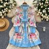 Spring new dress women's French retro lapel long-sleeved single-breasted waist and thin printed A-shaped shirt skirt