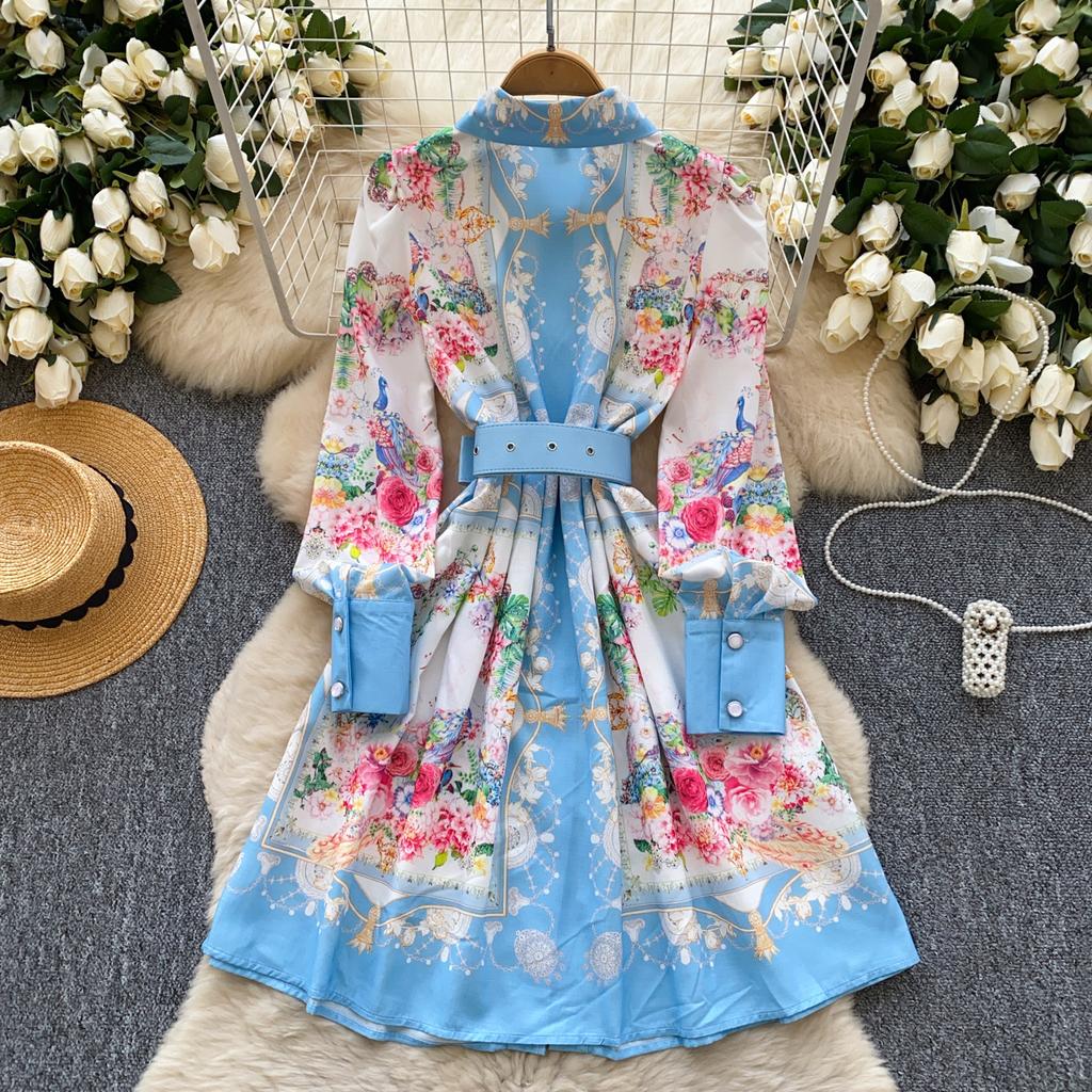 Spring new dress women's French retro lapel long-sleeved single-breasted waist and thin printed A-shaped shirt skirt