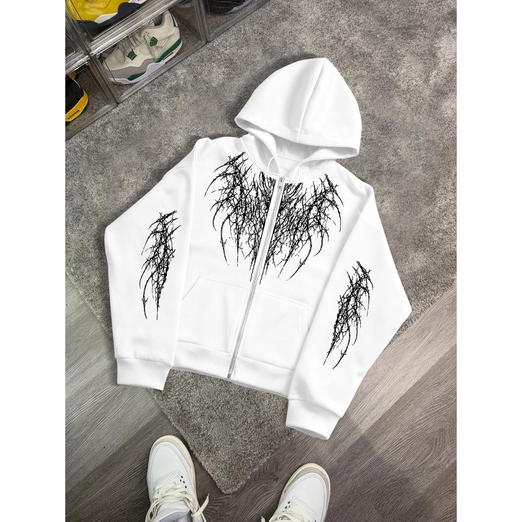 Hip-Hop Streetwear Marke: Kapuzenpullover mit 'Dark Thorns'-Print; lockerer, vielseitiger Reißverschluss-Pullover für Paare