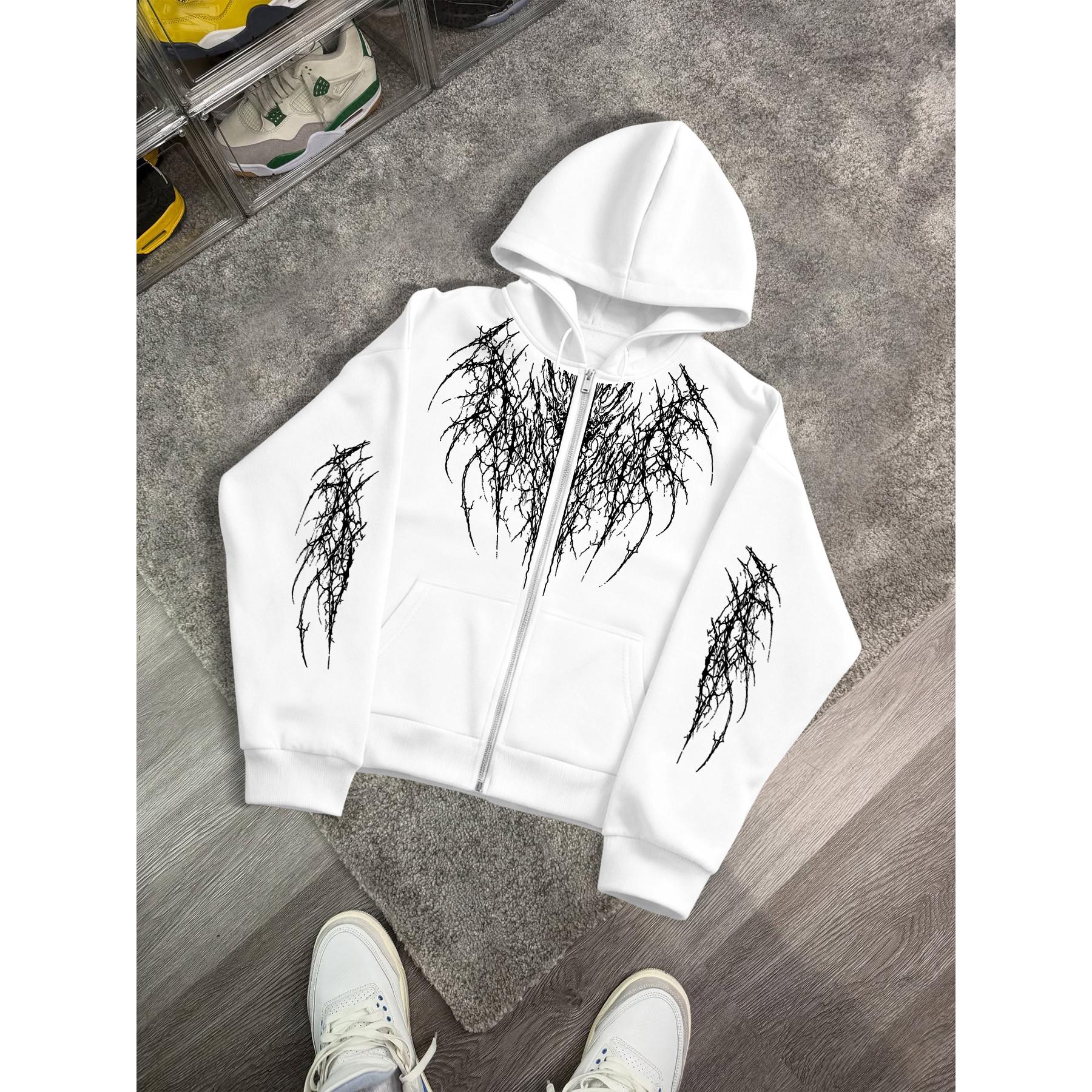 

Hip-hop streetwear brand: Dark Thorns print hoodie; loose-fit, versatile couple s zip-up sweatshirt XXL білий
