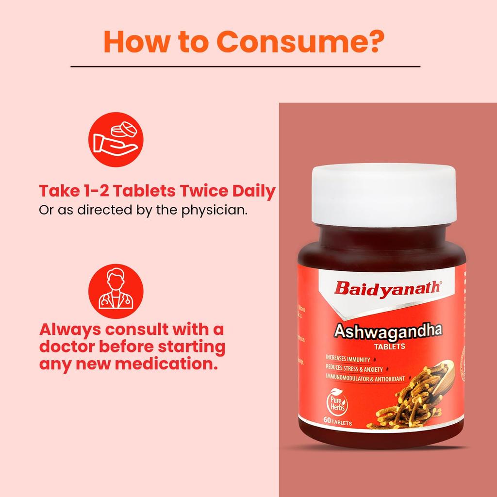 Baidyanath Ashwagandha Tablets 60  for Daily Wellness Stress Relief and Energy Boost