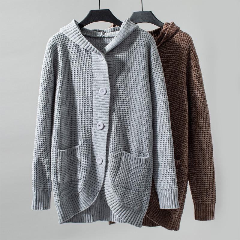 Long Sleeve Hooded Knit Cardigan Sweater Women Vintage Loose Button Front
