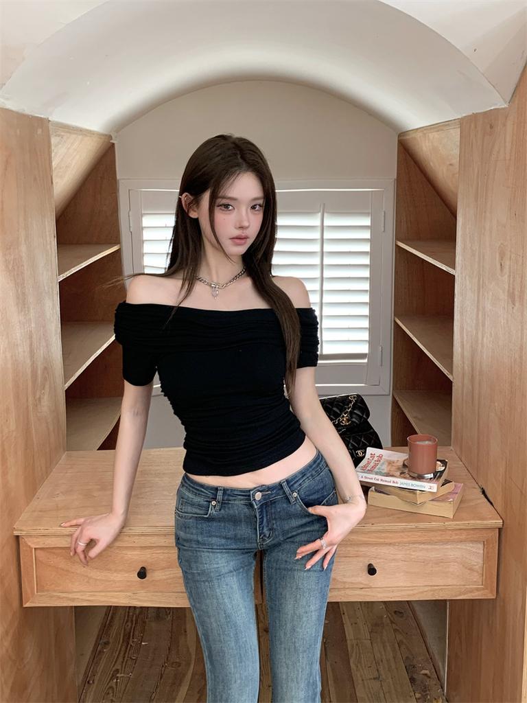 One-word Shoulder Short-sleeved T-shirt Women's Summer Sexy Babes Chic Slim-fitting Waist Short Temperament Versatile Top