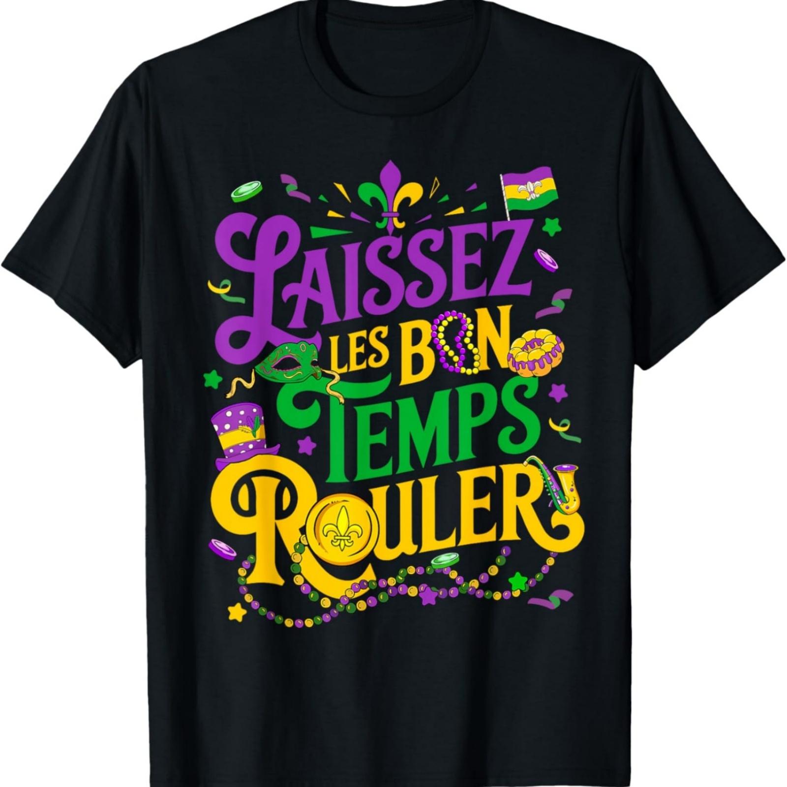 

Laissez Les Bon Temps Rouler Mardi Gras Beads Fleur De Lis T-Shirt XXXXXL чорний