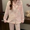 Wrinkle Fabric Sleepwear Spring Collection Sweet Striped Long Sleeve Korean Style Casual Wearable Home Set