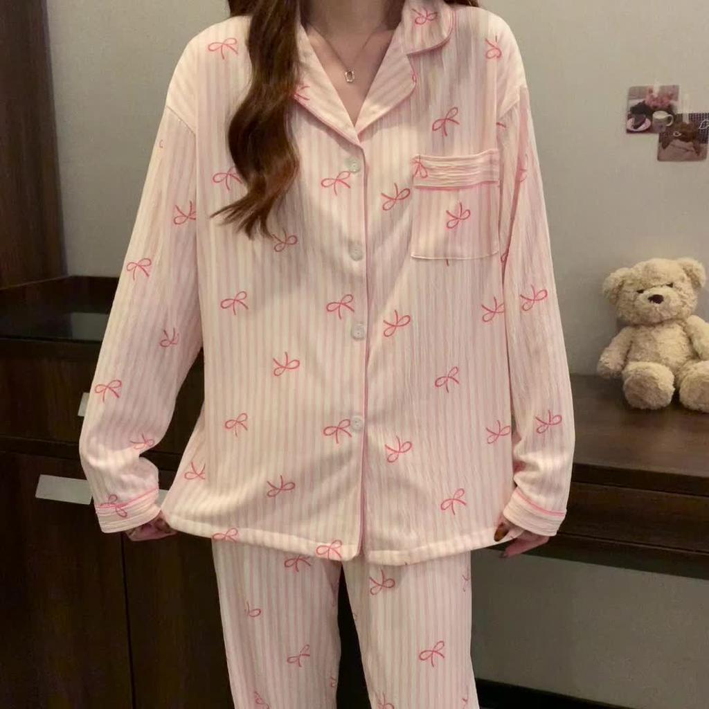Wrinkle Fabric Sleepwear Spring Collection Sweet Striped Long Sleeve Korean Style Casual Wearable Home Set