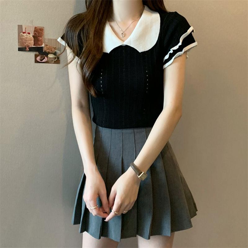 Hollow Out Top with High-end Design Niche Pink Doll Collar Thin Short Sleeved Knitted Shirt for Women Summer