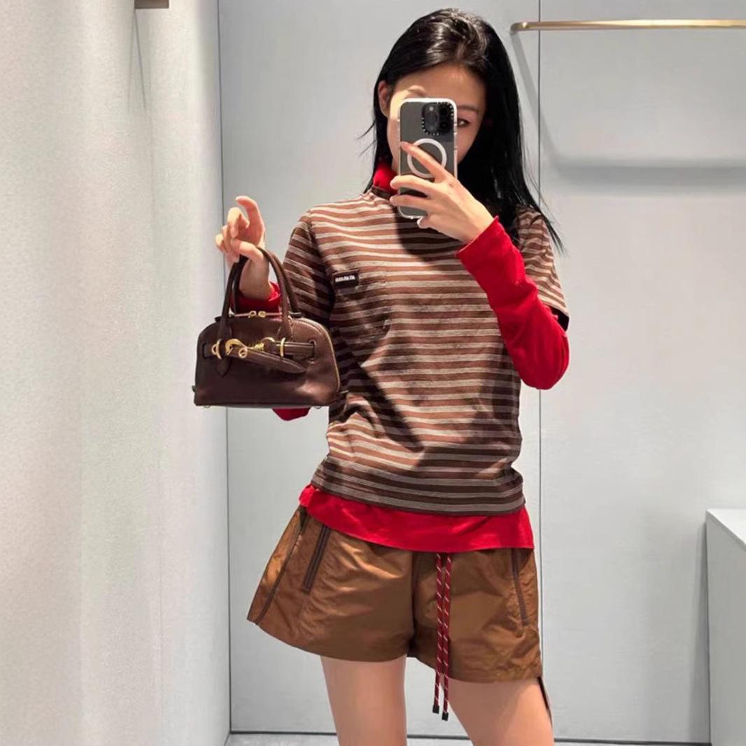 

MM Series Spring Brown Striped Crew Neck Slim Fit Women s T-Shirt – Simple, Versatile, Short Sleeve Top Large