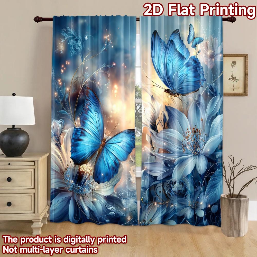 2D flat printing 2pcs Party Curtain Blue Butterfly Flower Fantasy Digital Printed Polyester Drapes Party Decorations for Bedroom