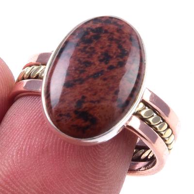 Pierre Précieuse Obsidienne Acajou Naturelle Argent Sterling 925 Bague Bicolore Taille 9 O3U10
