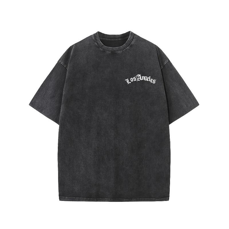 

European Size Men S Vintage Washed Los Angeles Print T-Shirt | Distressed White Logo on Black, Loose Fit Short Sleeve, Breathable Summer 5XL чорний