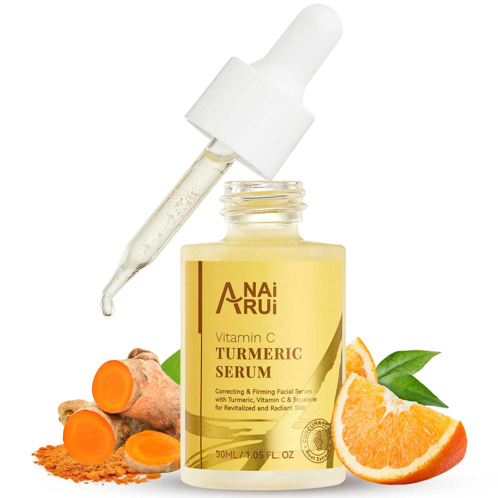 ANAiRUi Turmeric & Vitamin C Face Serum, Antioxidant Brightening Anti-Aging Facial Serum for Dull Skin Fine Lines Wrinkle Moisturizing Care 30ml