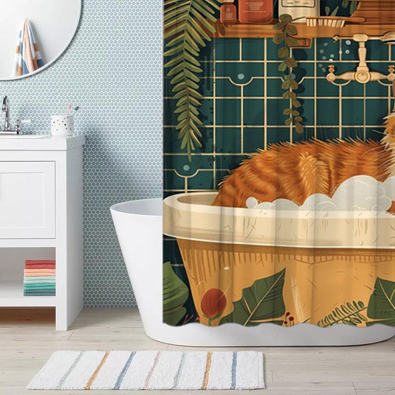 Retro Cat On a Bookshelf Shower Curtain - Water-Resistant, Easy To Clean, Adds a Vintage and Cozy Touch To Your Bathroom Decor