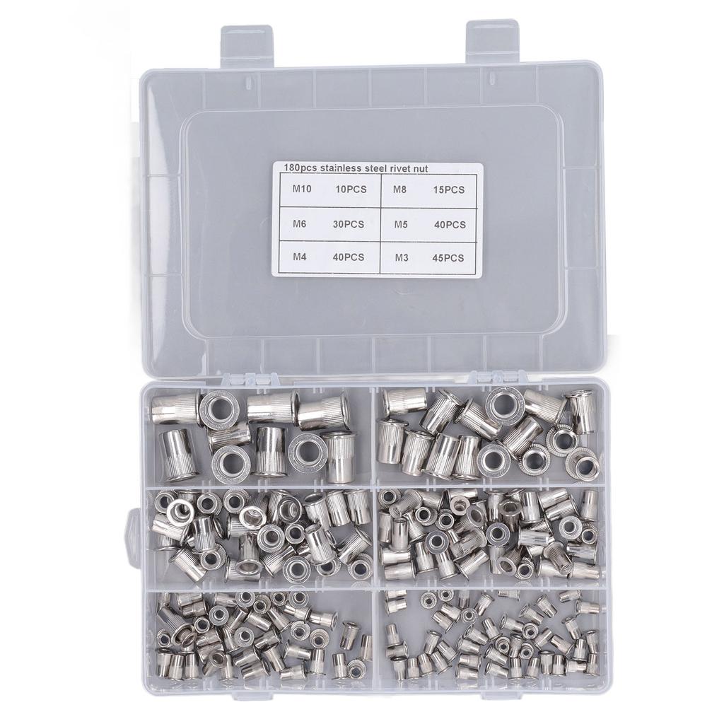 180 Pcs Rivet Nut Kit M3 M4 M5 M6 M8 M10 304 Stainless Steel Flat Head Threaded Insert Nuts