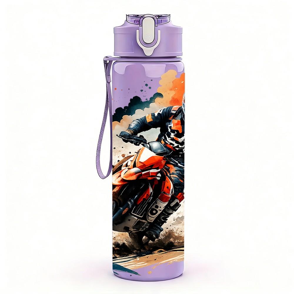 1PC Racing Motorcycle Rider Pattern 750ml Color Plastic Sports Water Bottle Leakproof Flip Straw Lid Suitable for Sports Office Home Use