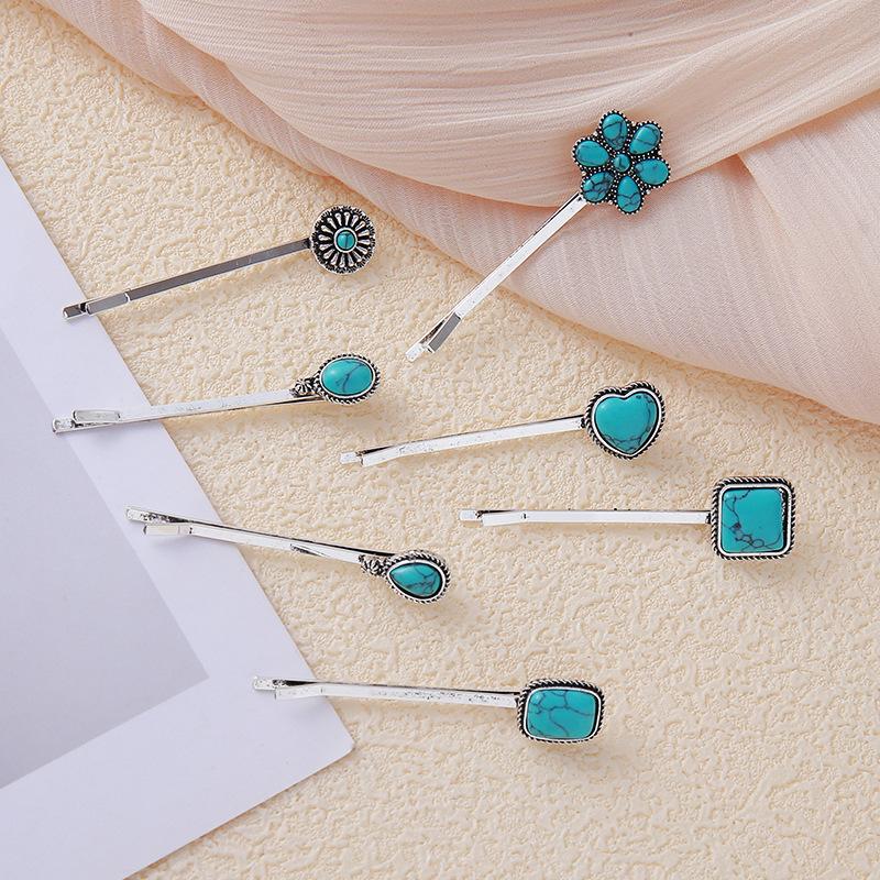2/3/6Pcs Chinese Style Turquoise Set:Square Heart Flower Drop Blue Turquoise White Turquoise Hairpin Accessories