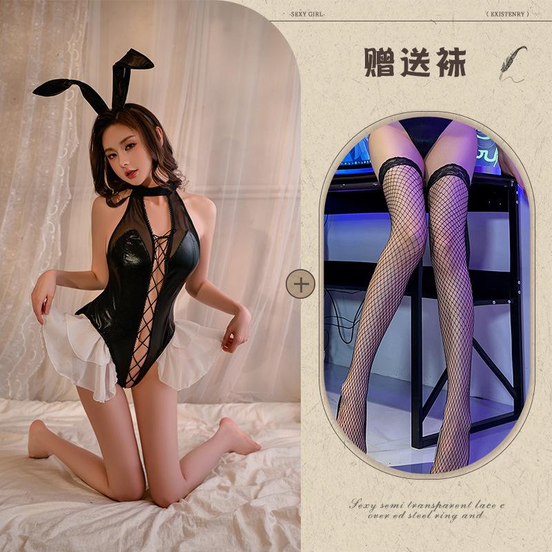 Patent leather splicing mesh rabbit straps cross ruffle edge onesie open placket sexy tight