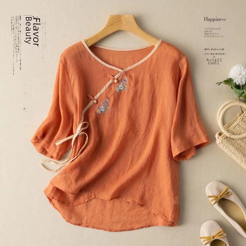 Damen 2024 Sommer Locker Geschnittenes Baumwollleinen Besticktes Hemd mit Schrägkragen, Kurzen Ärmeln und Nationalem Stil