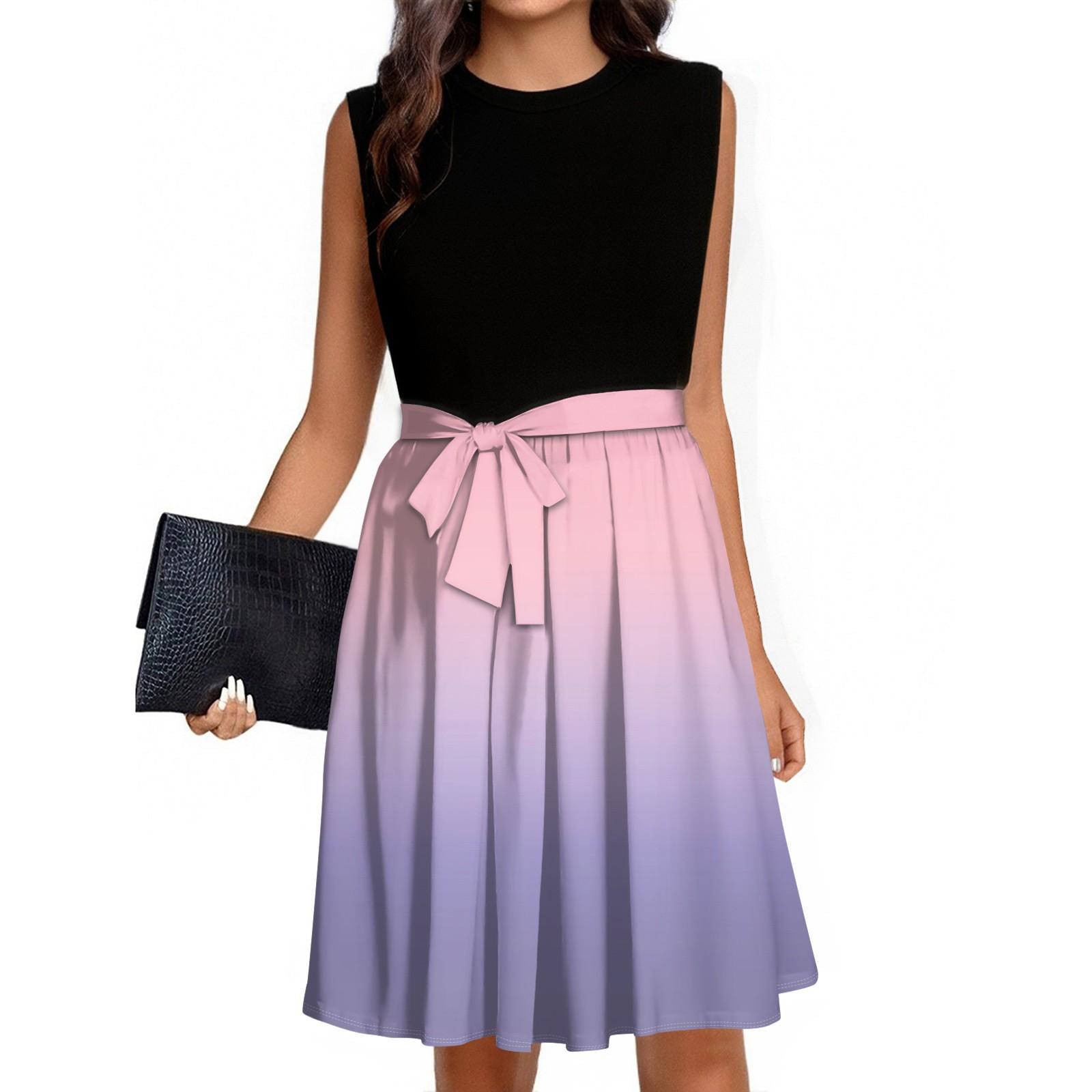 Women s Fashion Casual Lace-up Sleeveless Round Neck Splicing Short Dress L