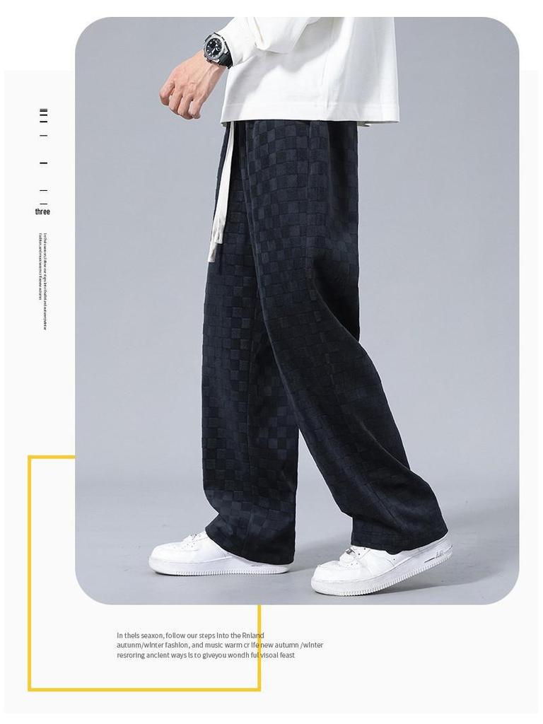 Men's Checkerboard Corduroy Wide-Leg Pants - Casual, Loose Straight Fit for Spring and Summer