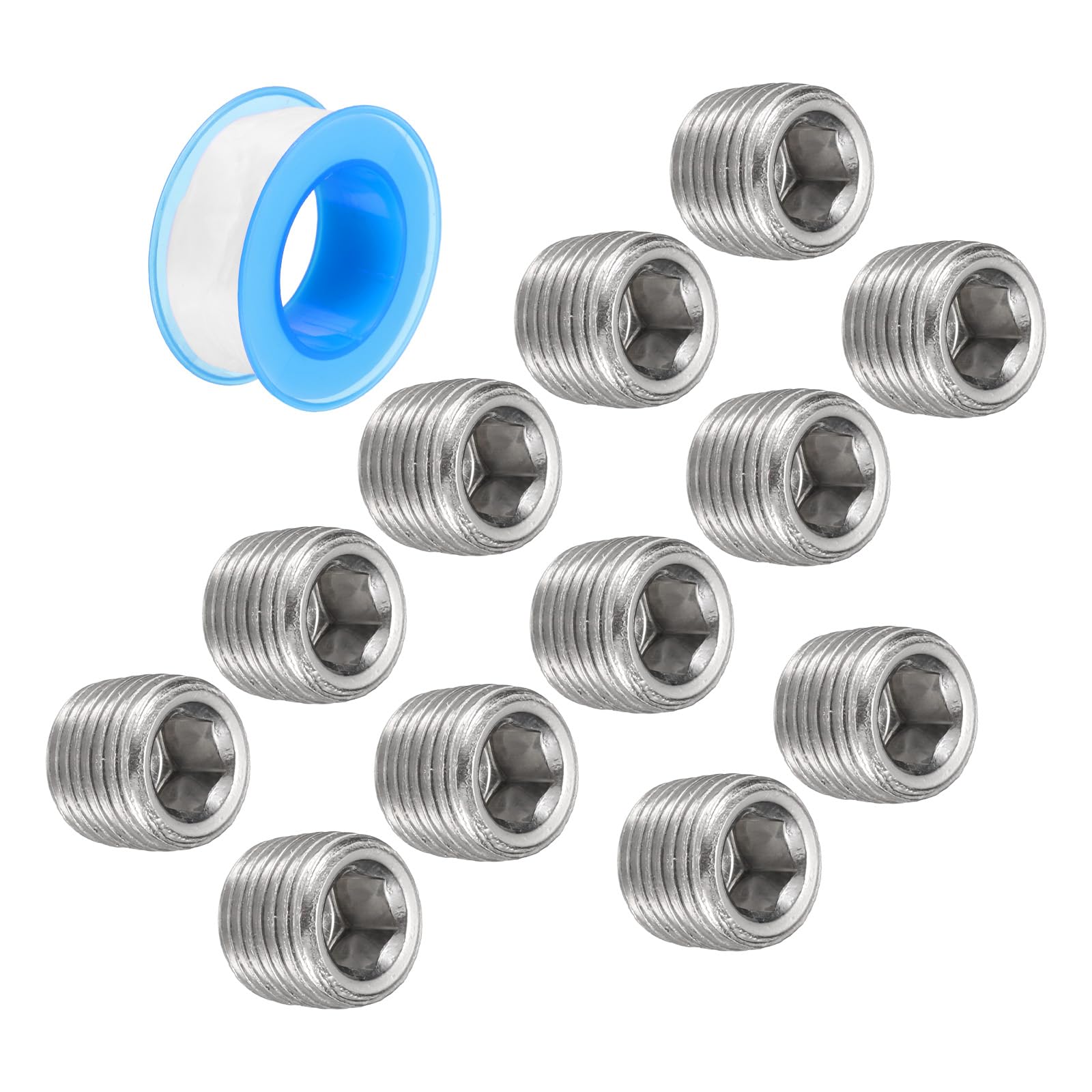 

uxcell 1/8 PT Internal Hex Thread Socket Pipe Plug Stainless Steel PTFE Tape Female Thread Pipe Cap Silver 12pcs