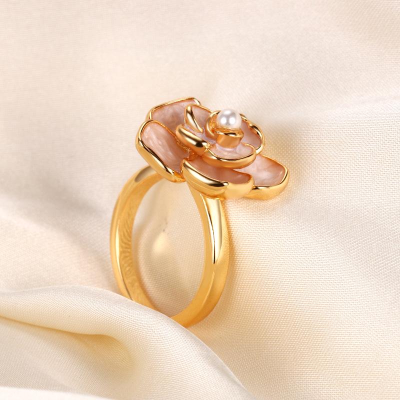 Gold Plated Natural Fritillary Camellia Pearl Ring Female Wind Ring 2025