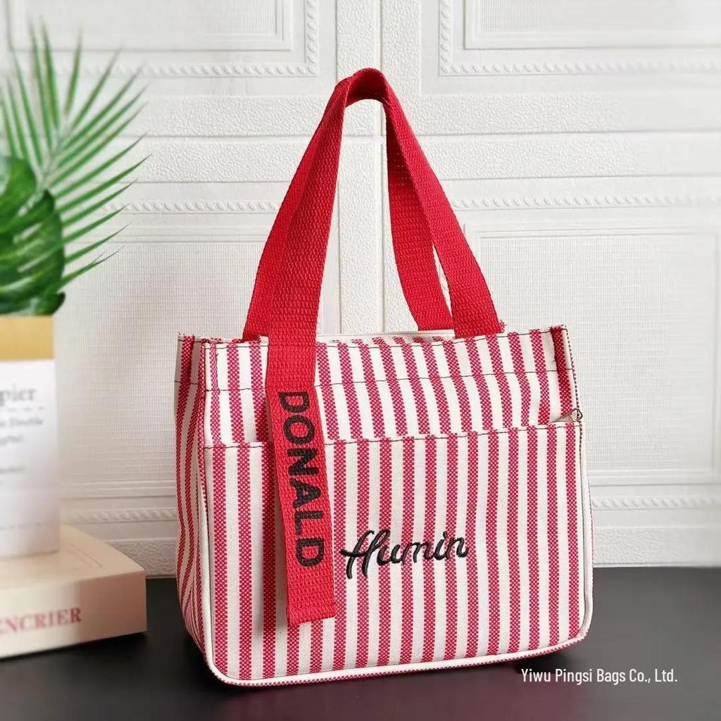 Striped Canvas Tote Bag with Zippered Outer Pocket – Versatile, Large-Capacity Bag for Women As Lunch, Mummy, or Work Bag