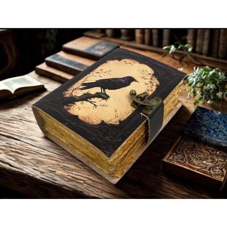 Raven Leather Journal, Handmade Gothic Book of Shadows, Deckle Edge Paper