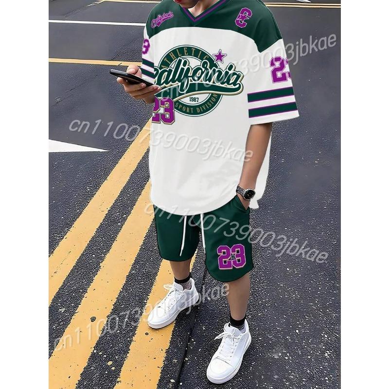 

Men s CALIFORN NO.23 Short Sleeve T-Shirt & Shorts Set V-neck Gradient Short Sleeved Women s T-shirt Shorts Set 6XL