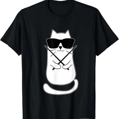 Funny Drummer Cat Drumming Drum Set Drum Sticks Retro T-Shirt