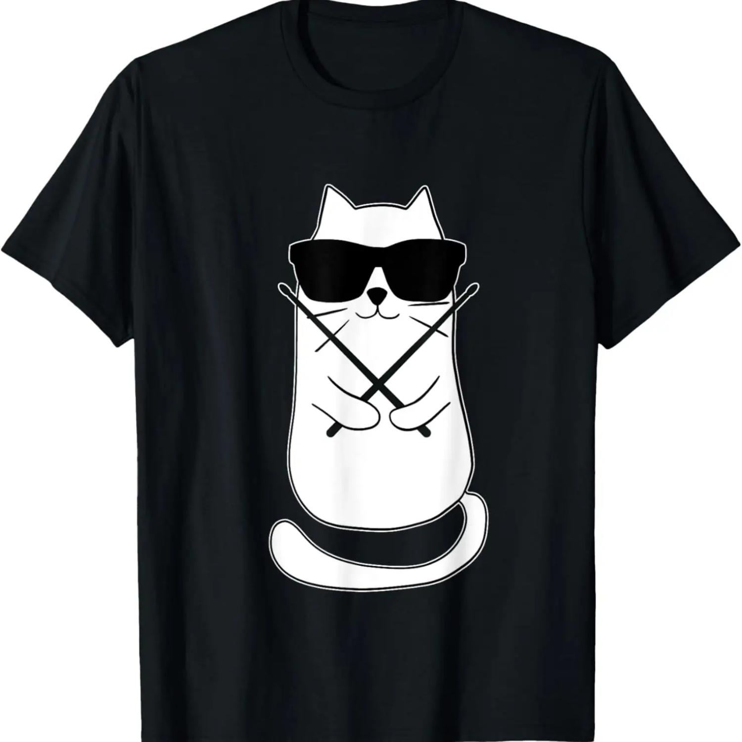 

Смешной кот-барабанщик, играющий на барабанной установке, барабанные палочки, ретро футболка XXXXXL чёрный