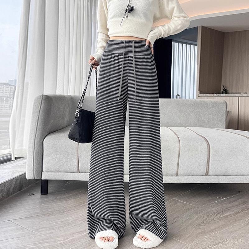 Spring 2026 Striped Maternity Wide-Leg Pants – Supportive, Soft & Smooth, Figure-Flattering, Non-Drooping Crotch, Long & Stylish Outerwear Large светло-серый