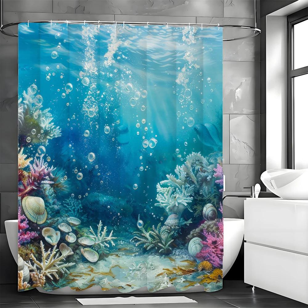 Underwater World Ocean Shell Coral Shower Curtain, Bathroom Decorative Shower Curtain, Waterproof Shower Curtain with Hooks