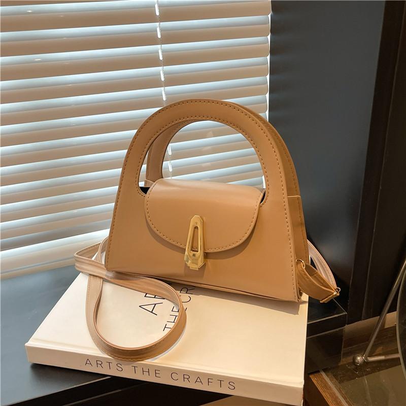 Chic Solid Color Faux Leather Shoulder Bag, Women's Semi Circle Handbag with Snap Lock, Trendy Commute Crossbody Purse CLE