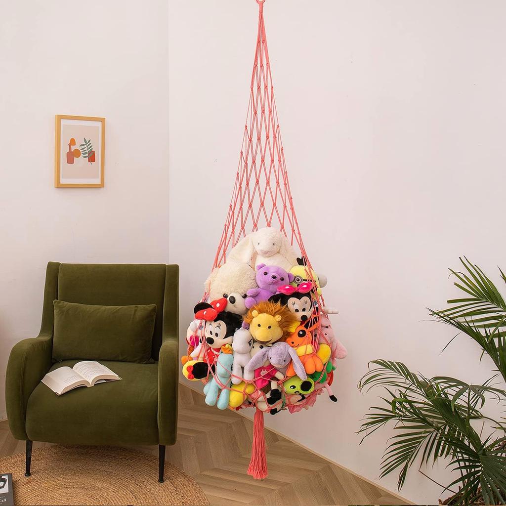 Stuffed Animal Storage Macrame Hammock, Large - Boho Room Decor Toy Storage Corner Hanging Plushie Stuffed Animal Net Organizer