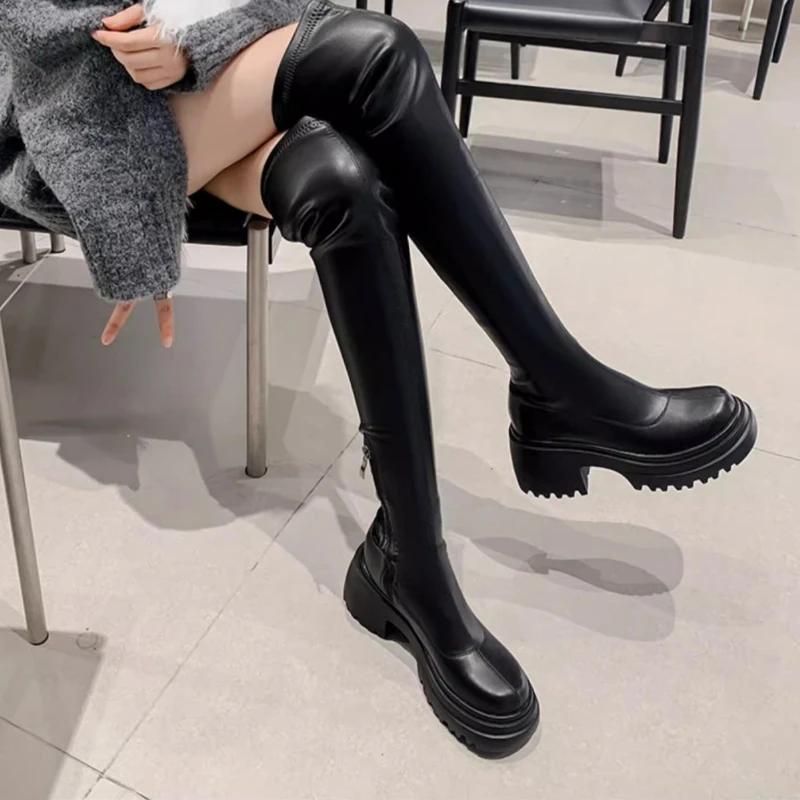Women's High Over-the-knee Boots Round Head Half-zipper Elastic Thin Thick Bottom Boots Two Heights Optional Fashion Boots Shoes
