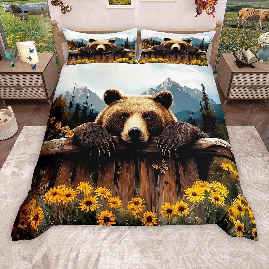 Homewish Rustikales Bauernhaus Lodge Hütte Bettbezug Set, Wildbär Hirsch Bettbezug Set, Waldtier Bettwäsche Set