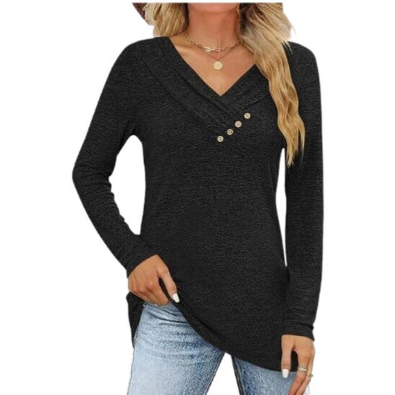 Women S Casual Solid Color V Neck Button Long Sleeve Top