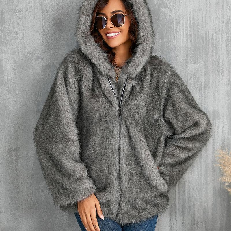 Imitation Fur Coat Solid Color Loose Hooded Short Fur Collar Coat Winter Coat Warm Winter Clothing